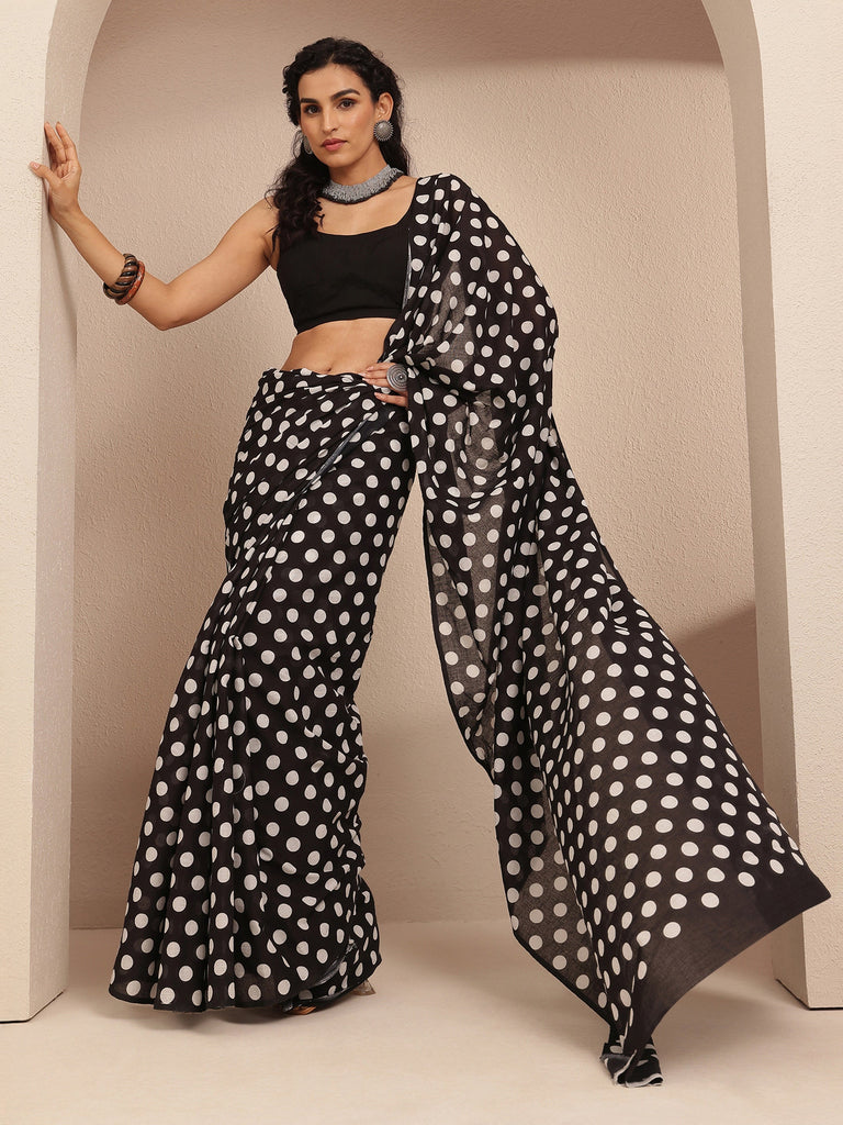 Libas Black Polka Dots Printed Cotton Saree With Unstitched Blouse Piece