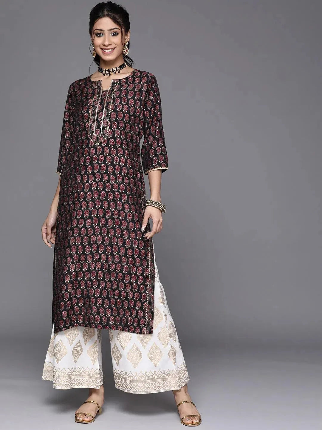 Black Printed Chanderi Silk Kurta - Libas