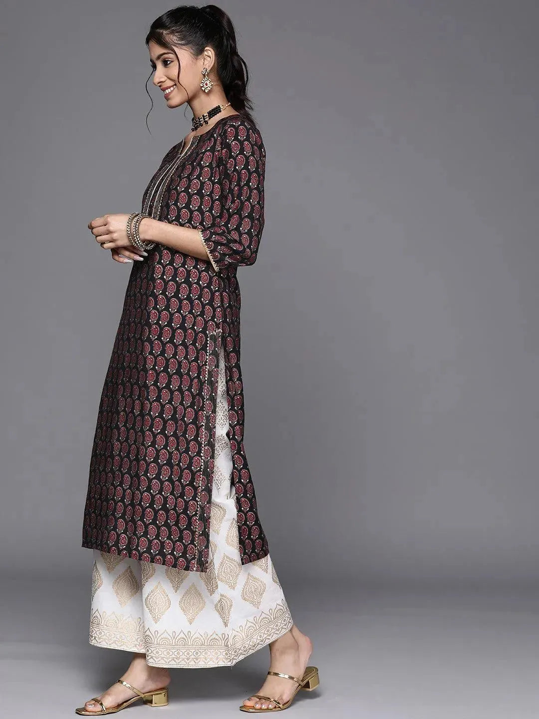 Black Printed Chanderi Silk Kurta - Libas 