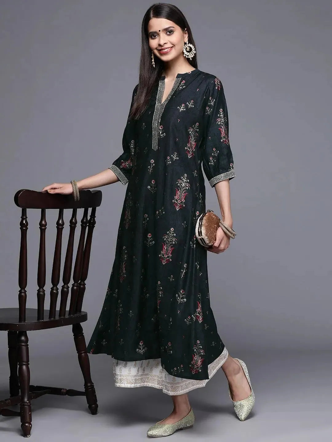 Black Printed Chanderi Silk Kurta - Libas