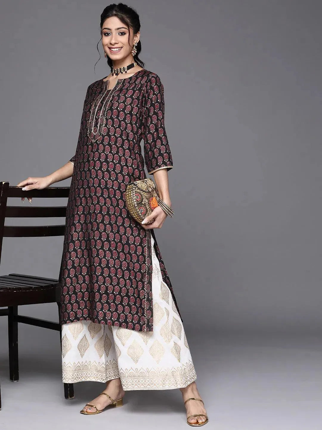 Black Printed Chanderi Silk Kurta - Libas 