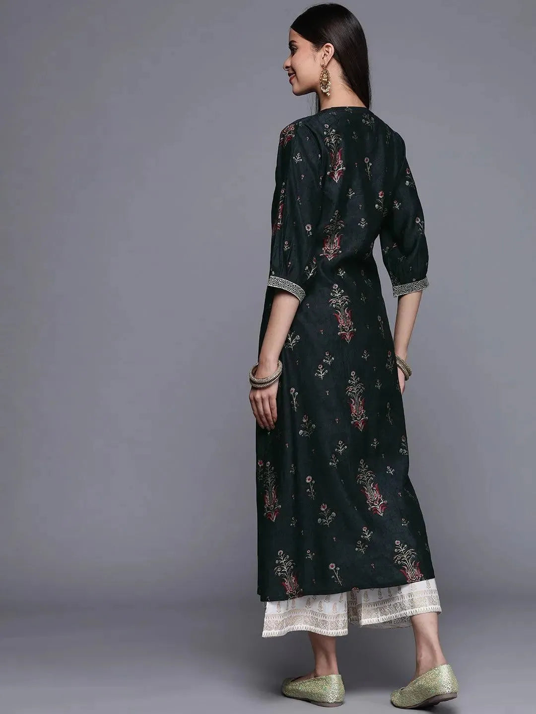 Black Printed Chanderi Silk Kurta - Libas 