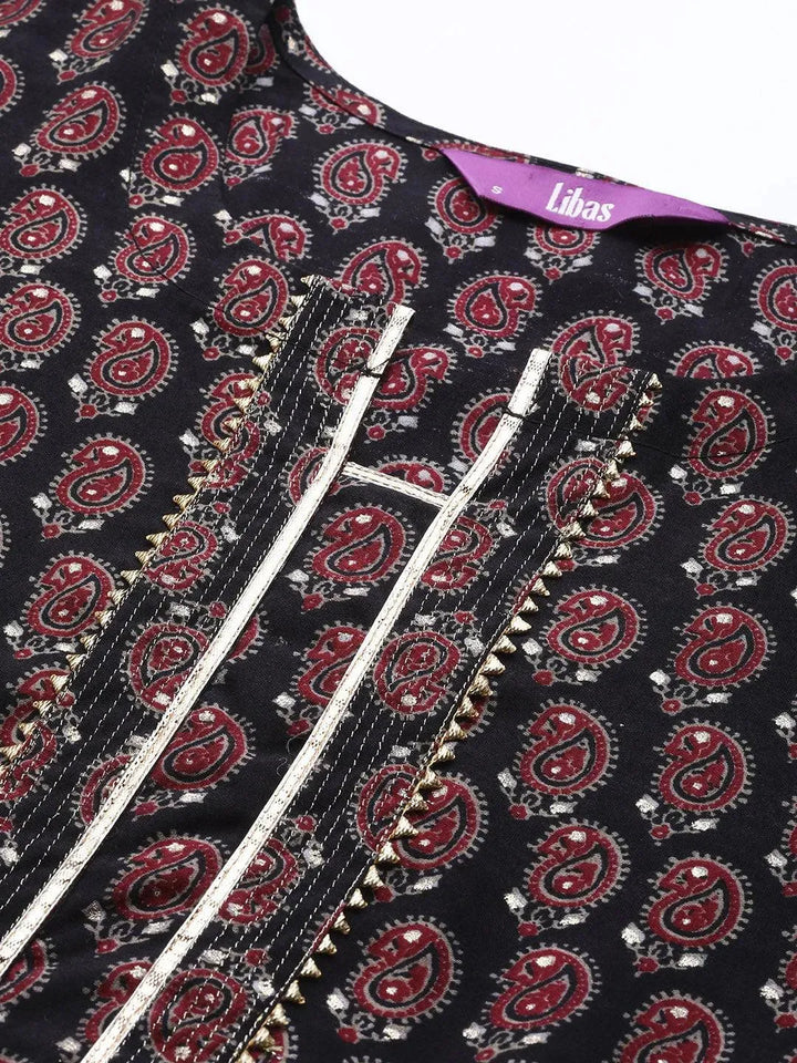 Black Printed Chanderi Silk Kurta - Libas