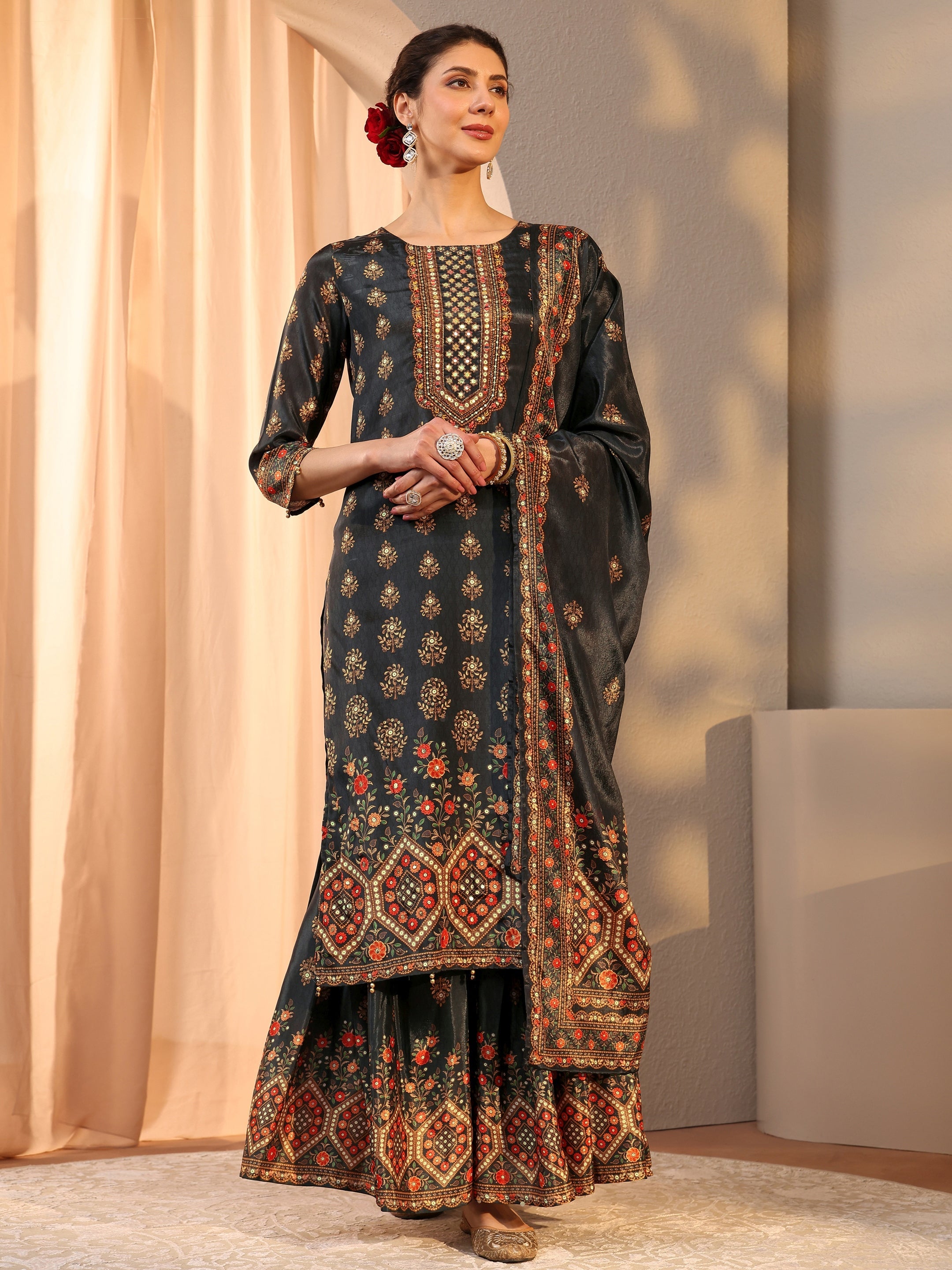 libas Black Printed Chinon Sharara Suit Set With Dupatta-picture-53