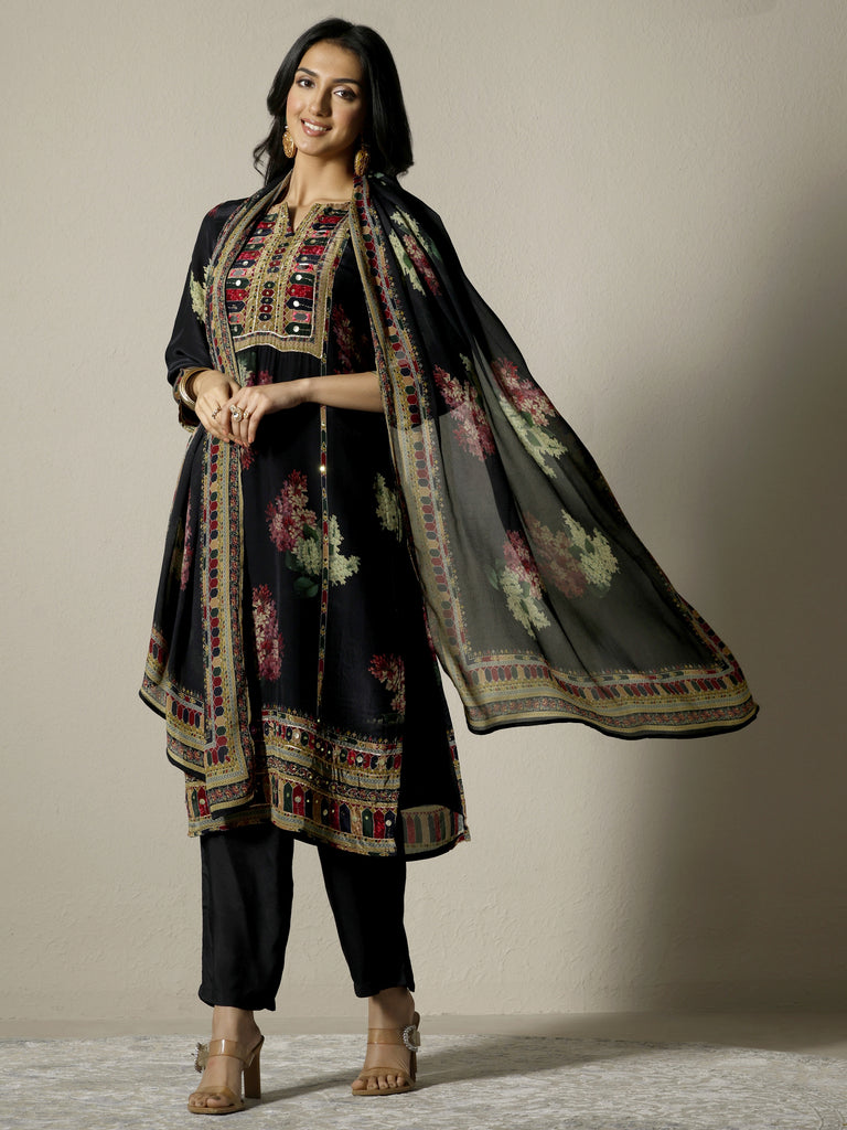 Libas Black Printed Chinon Straight Suit Set With Dupatta