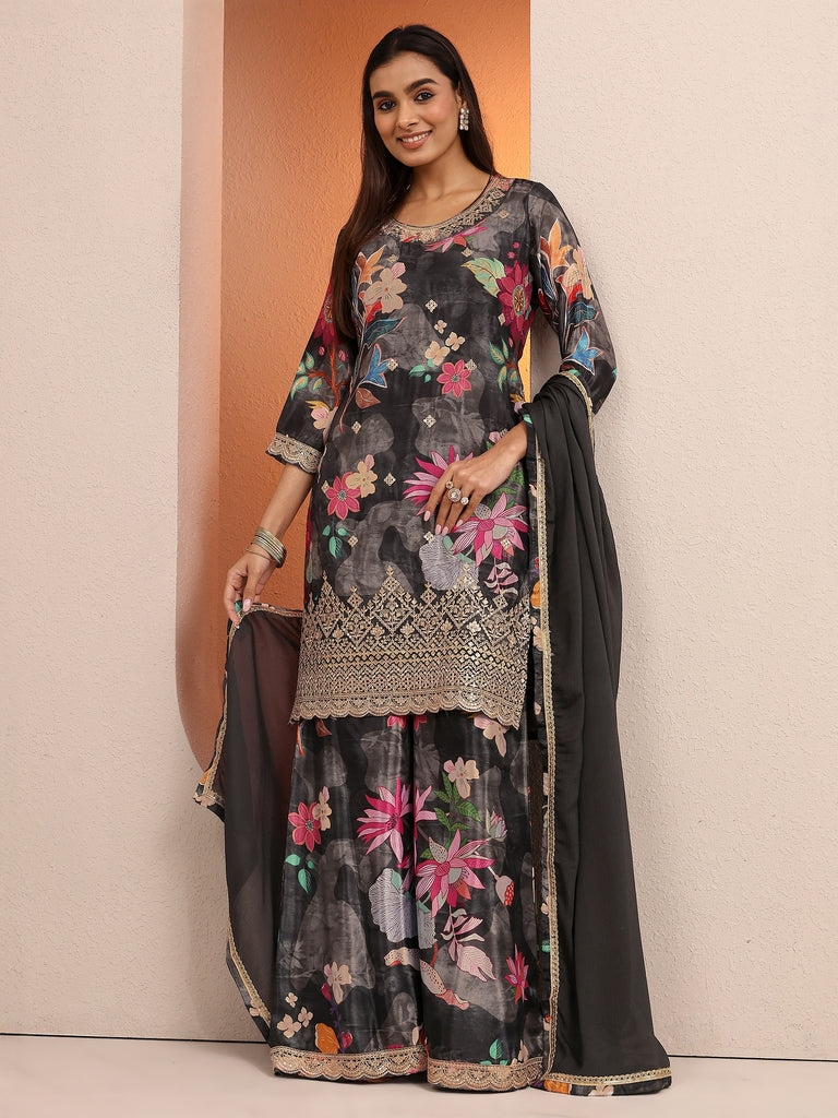 Libas Black Printed Chinon Straight Suit Set With Dupatta