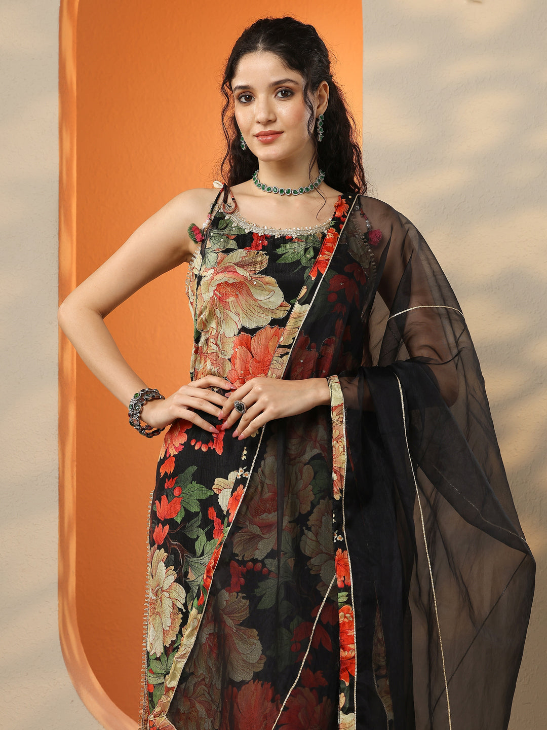 Black Printed Chinon Straight Suit Set With Dupatta