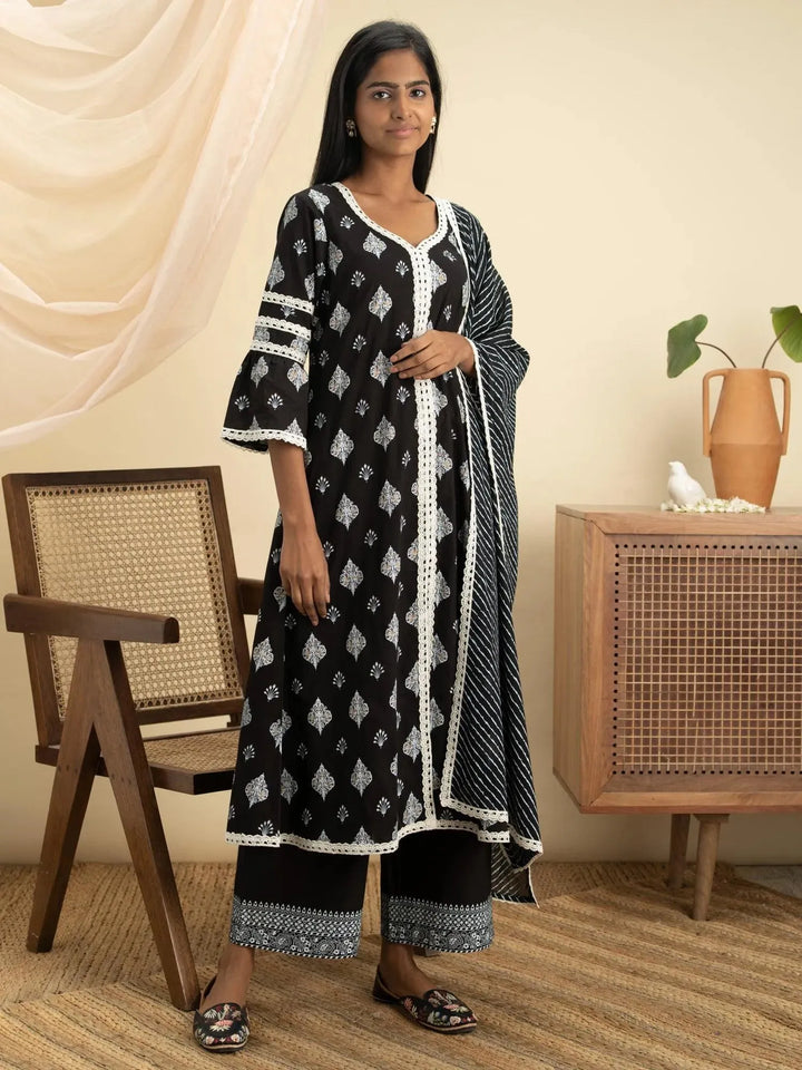 Black Printed Cotton Suit Set - Libas