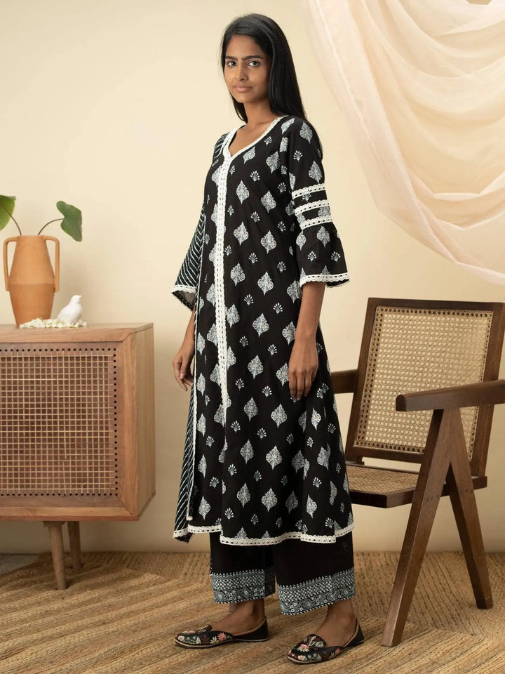 Black Printed Cotton Suit Set - Libas