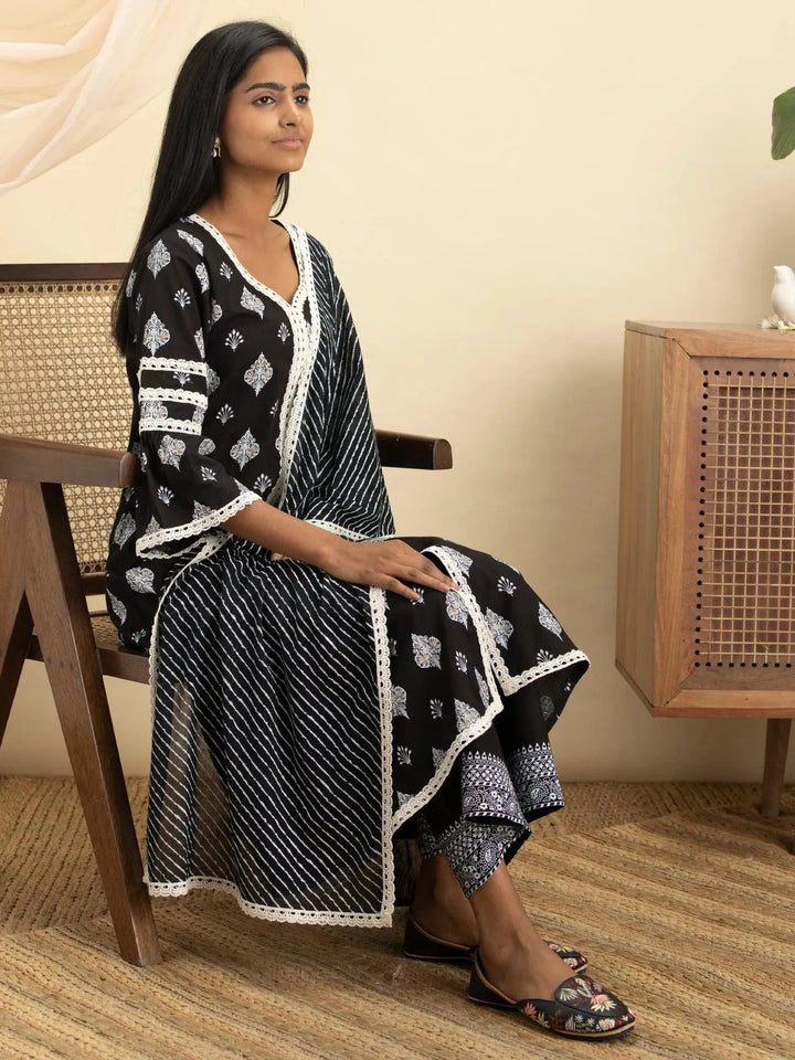 Black Printed Cotton Suit Set - Libas