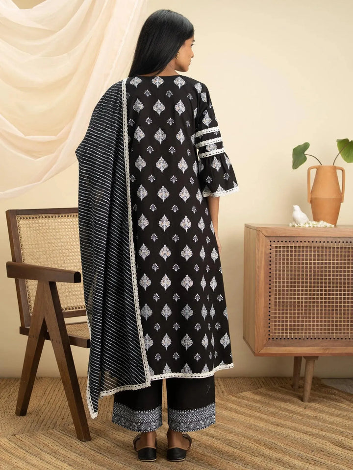 Black Printed Cotton Suit Set - Libas