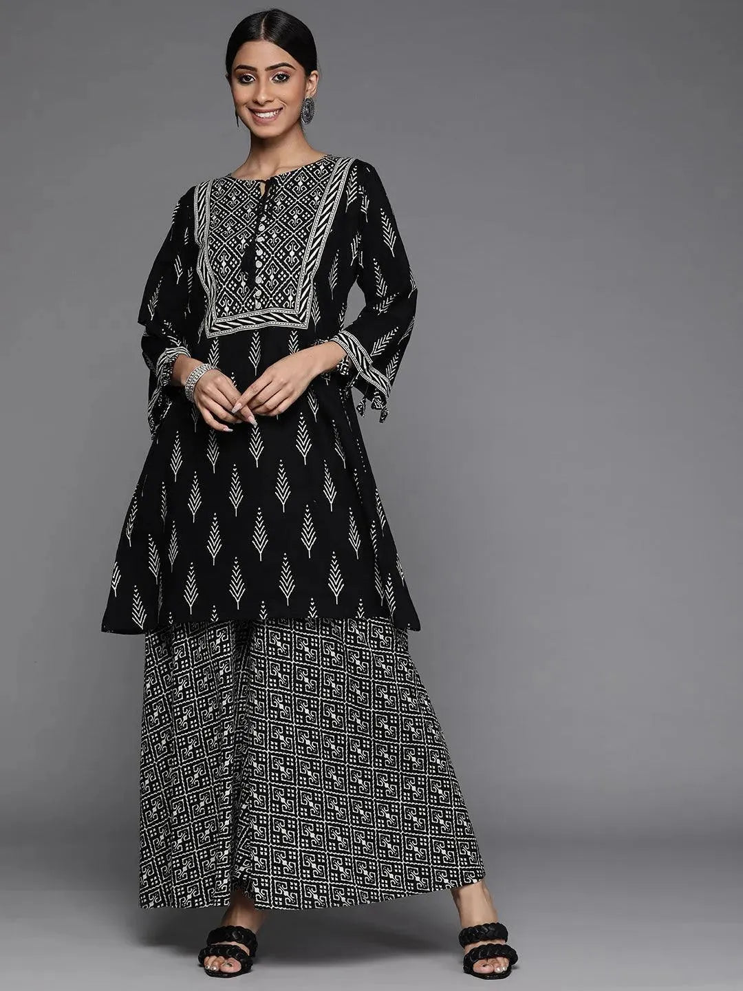 Black Printed Cotton Kurta Set - Libas