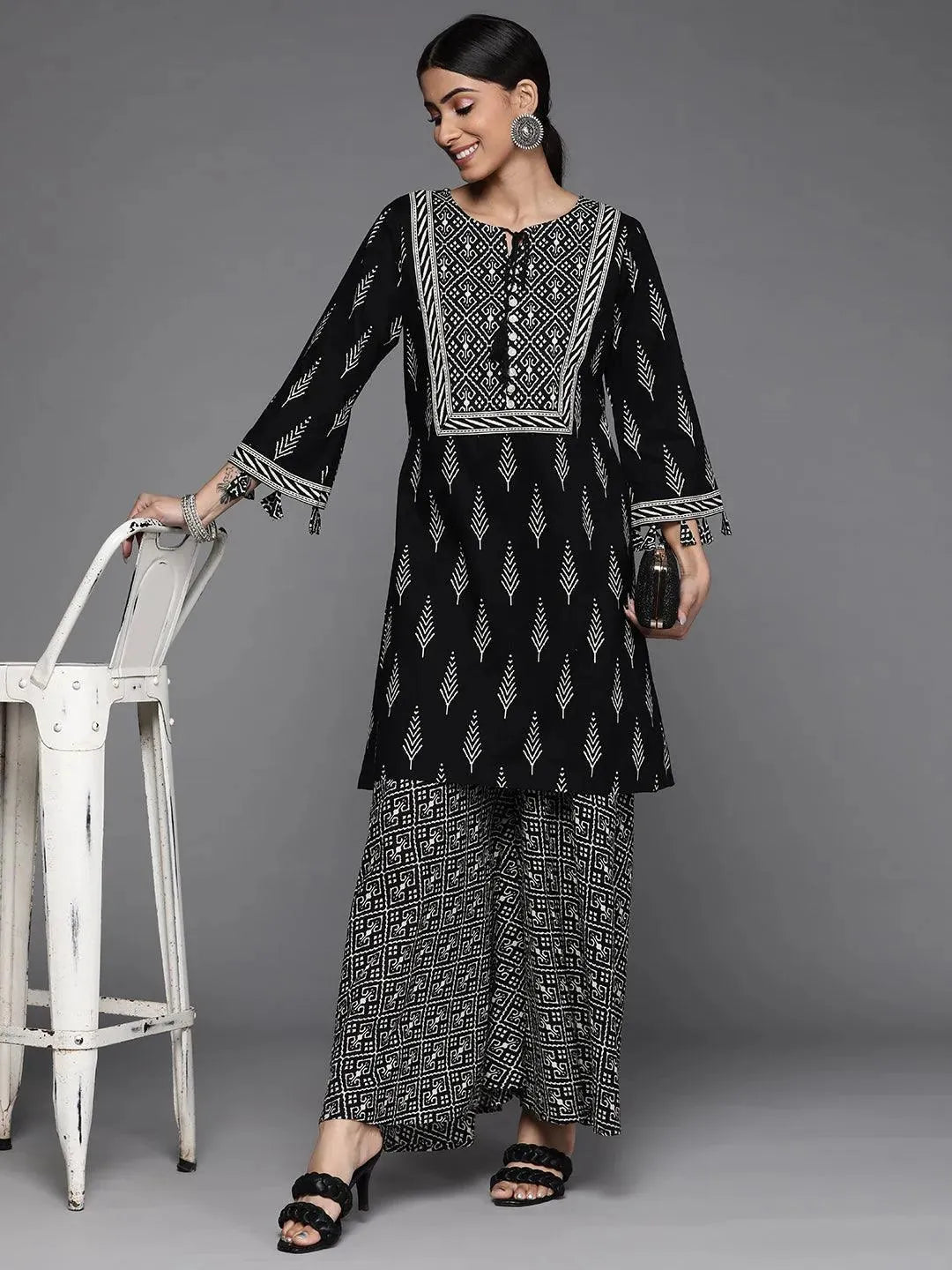 Black Printed Cotton Kurta Set - Libas