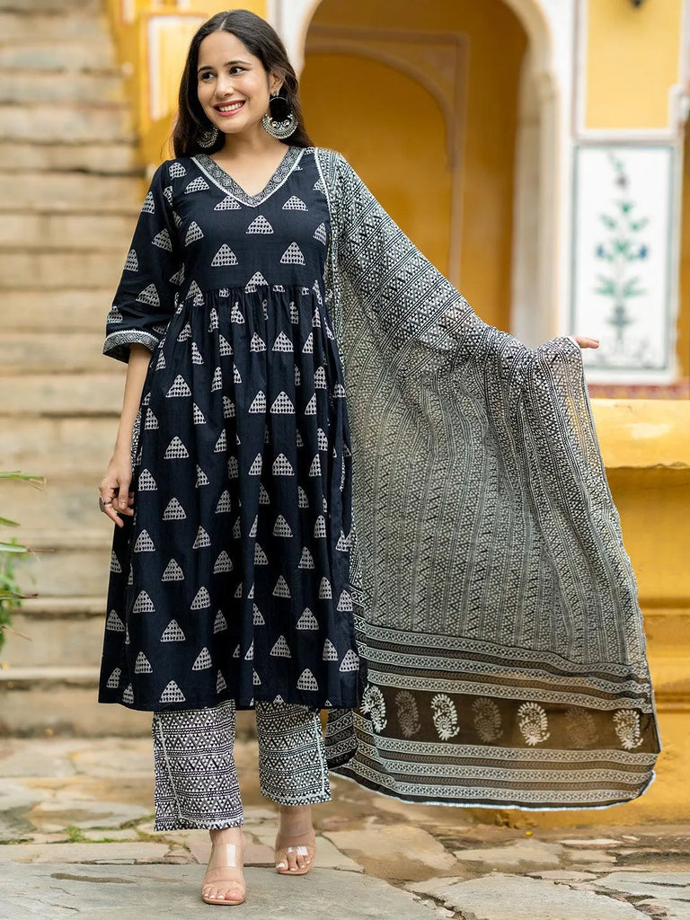 Libas Black Printed Cotton A-Line Kurta With Trousers and Dupatta