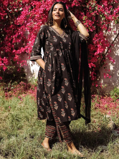Black Printed Cotton A-Line Kurta With Trousers and Dupatta - Libas