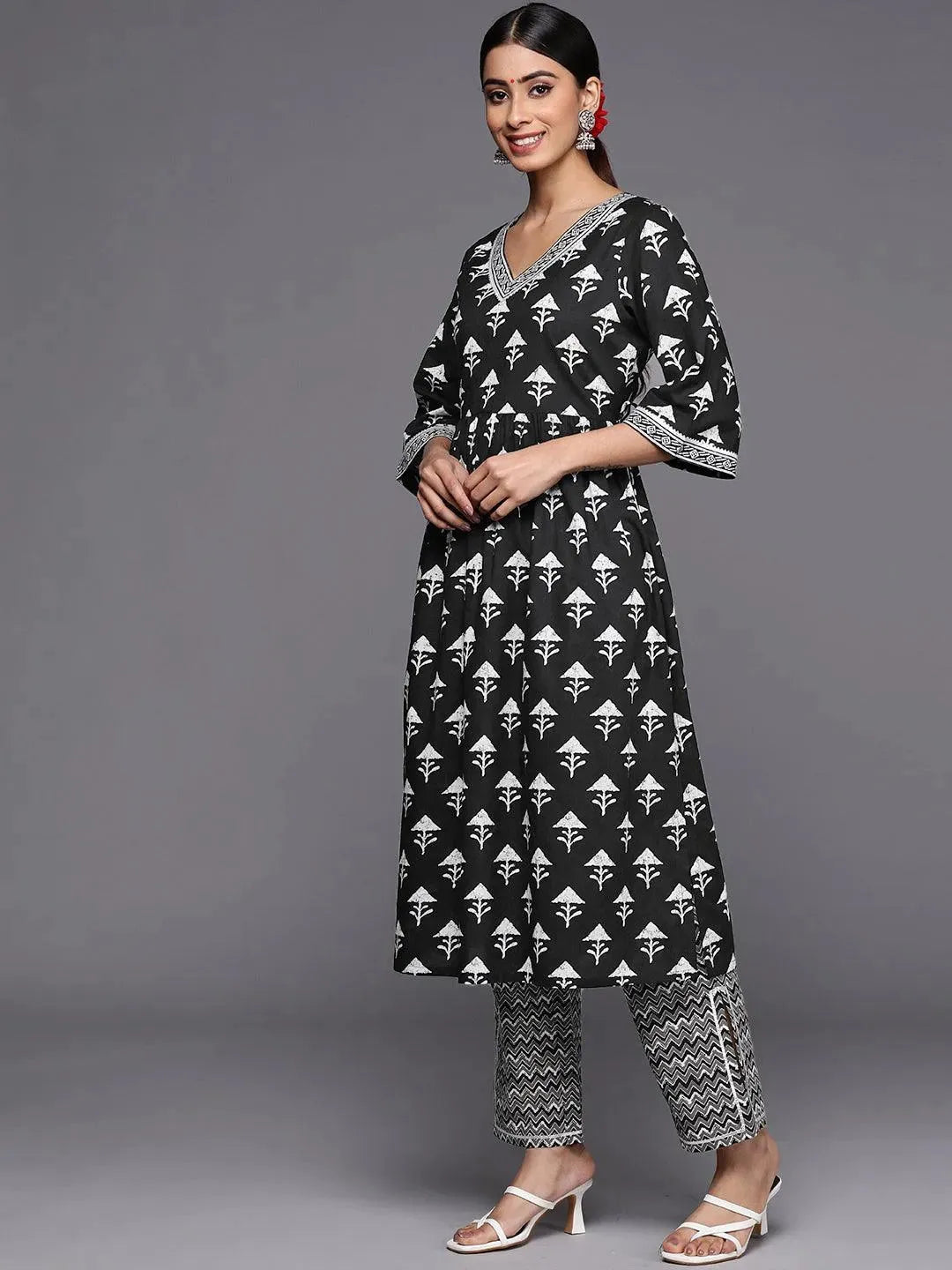 Black Printed Cotton A-Line Suit Set With Trousers - Libas