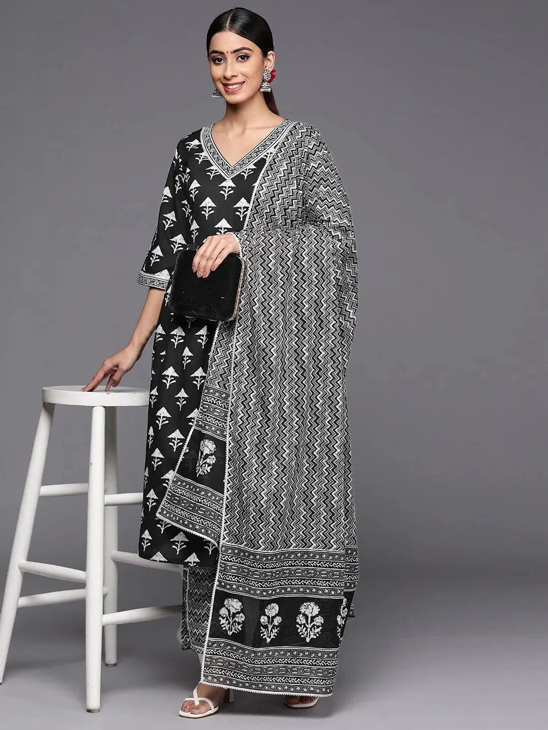 Black Printed Cotton A-Line Suit Set With Trousers - Libas