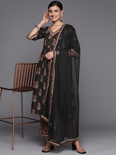 Black Printed Cotton A-Line Suit Set With Trousers - Libas