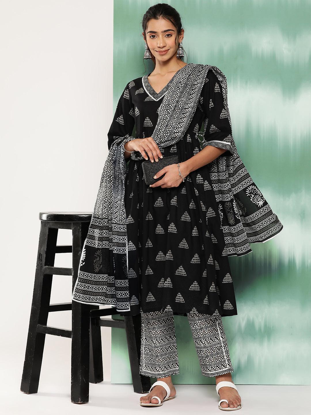Black Printed Cotton A-Line Kurta With Trousers and Dupatta - Libas