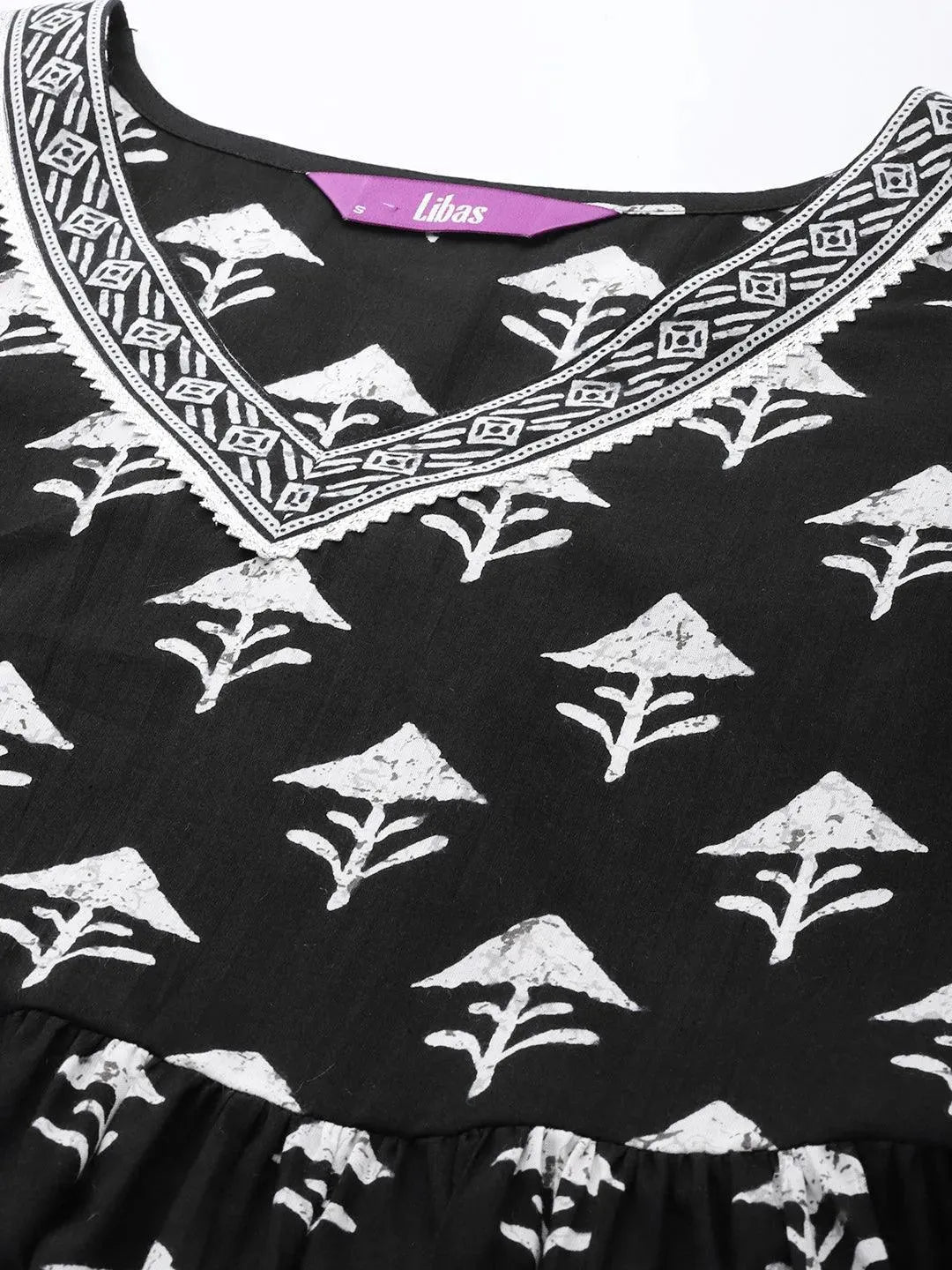 Black Printed Cotton A-Line Suit Set With Trousers - Libas 
