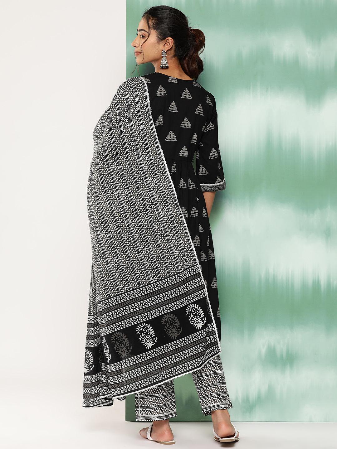 Black Printed Cotton A-Line Kurta With Trousers and Dupatta - Libas