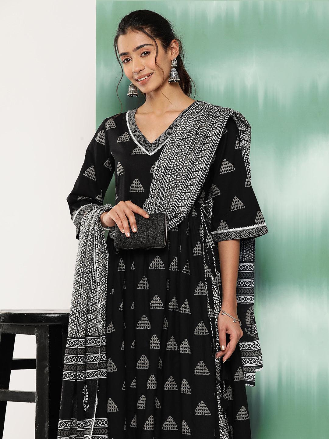 Black Printed Cotton A-Line Kurta With Trousers and Dupatta