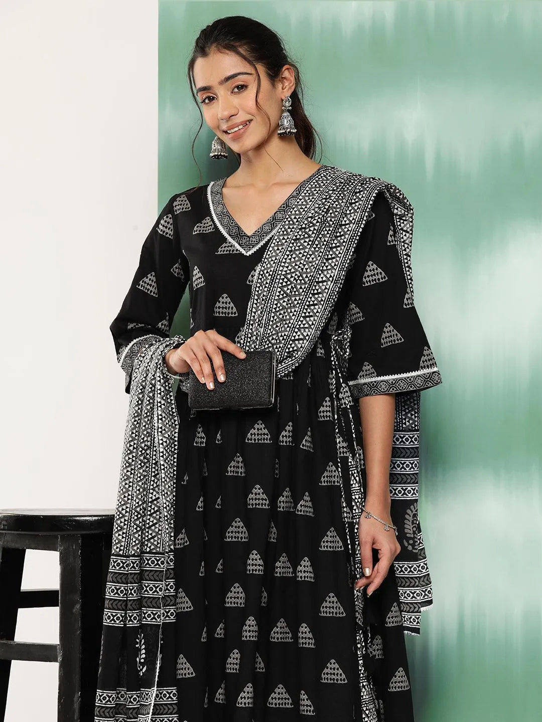 Black Printed Cotton A-Line Kurta With Trousers and Dupatta - Libas 
