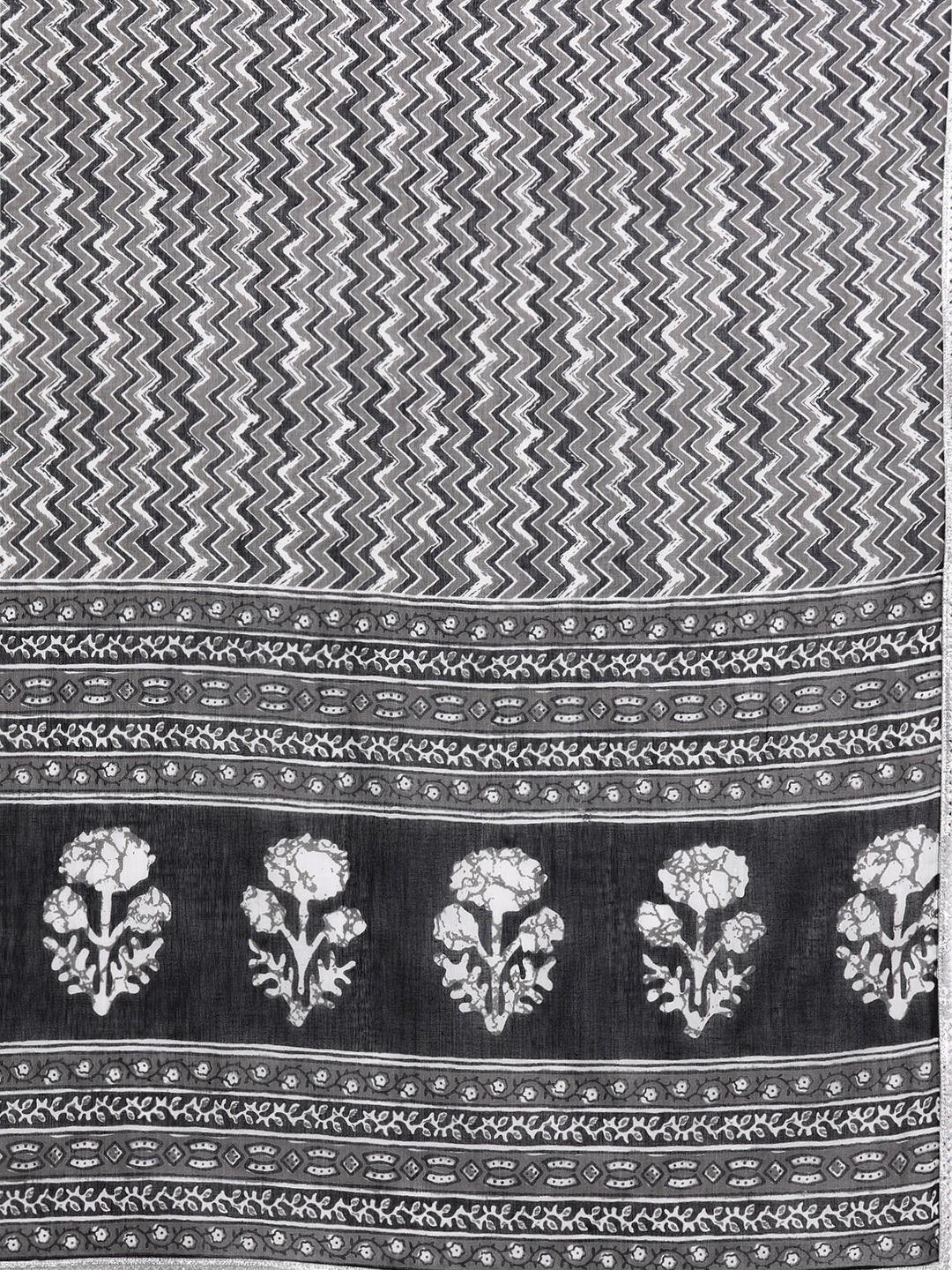 Black Printed Cotton A-Line Kurta With Trousers & Dupatta