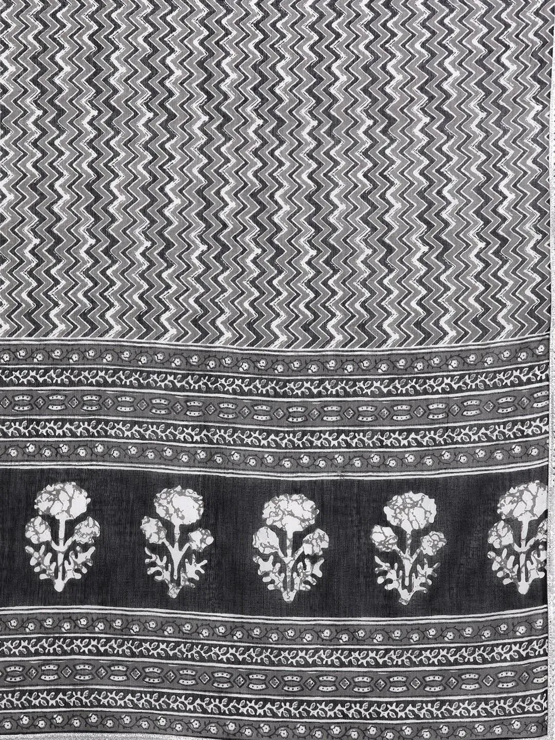 Black Printed Cotton A-Line Suit Set With Trousers - Libas 