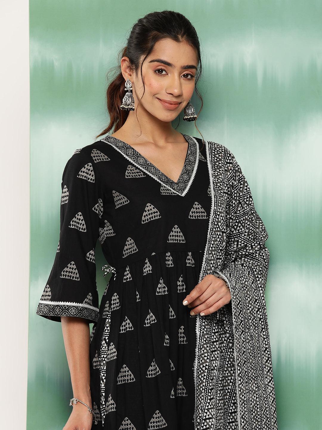 Black Printed Cotton A-Line Kurta With Trousers and Dupatta