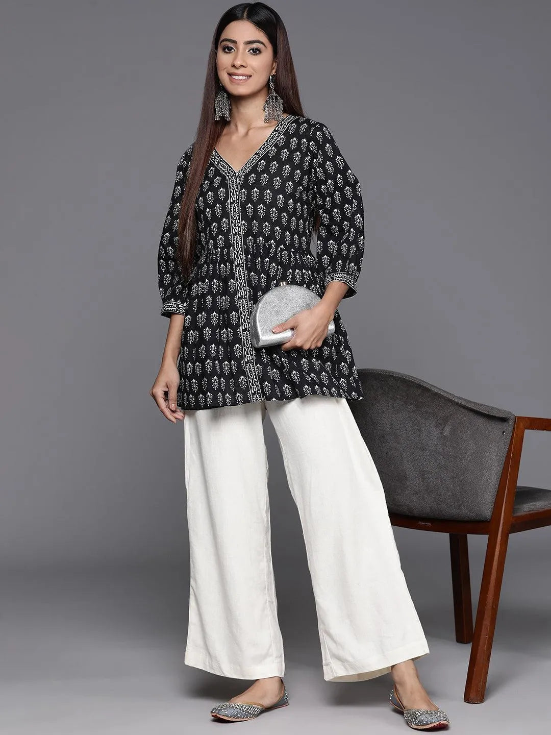Black Printed Cotton A-Line Kurti - Libas 