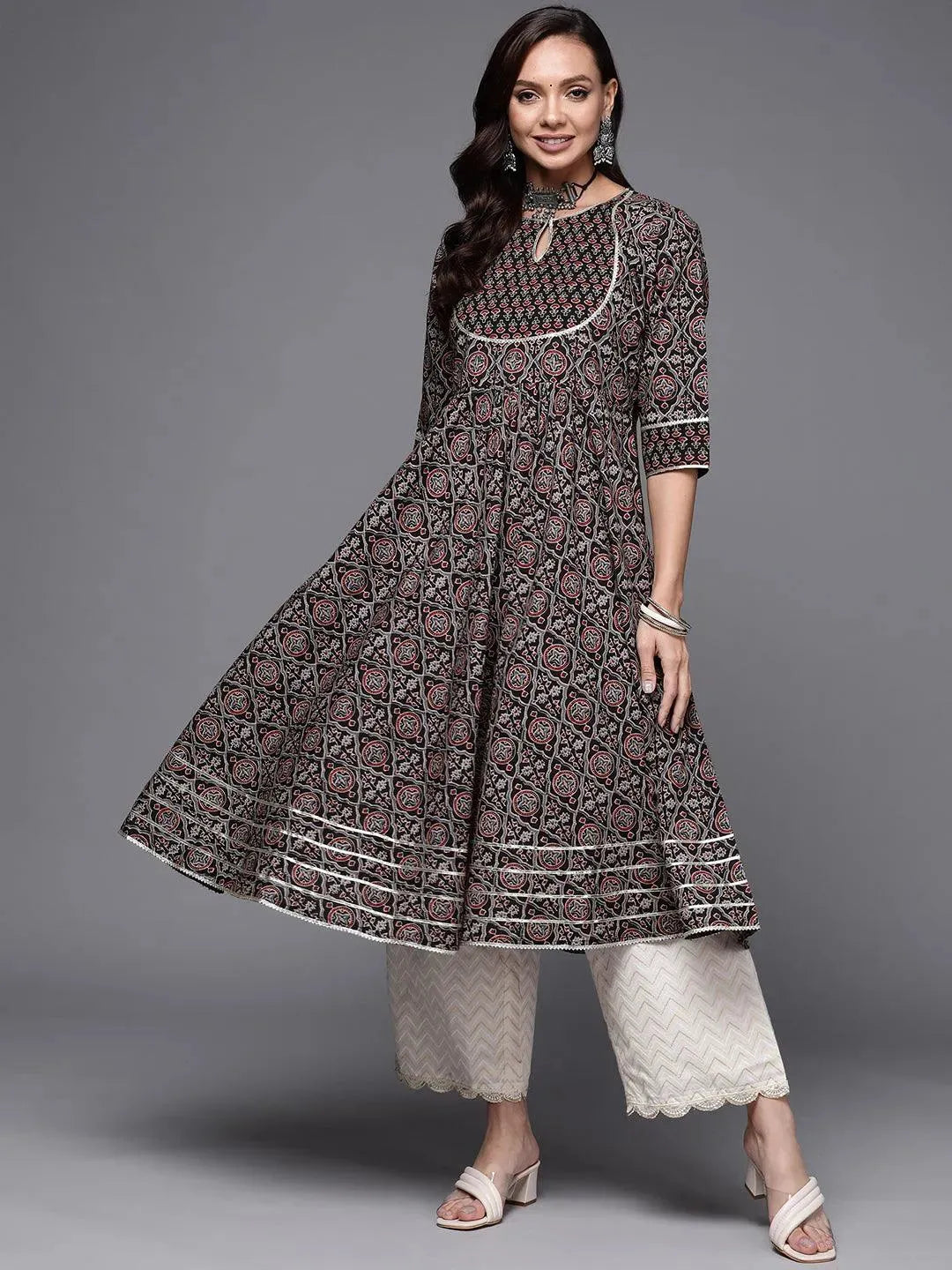 Black Printed Cotton Anarkali Kurta - Libas