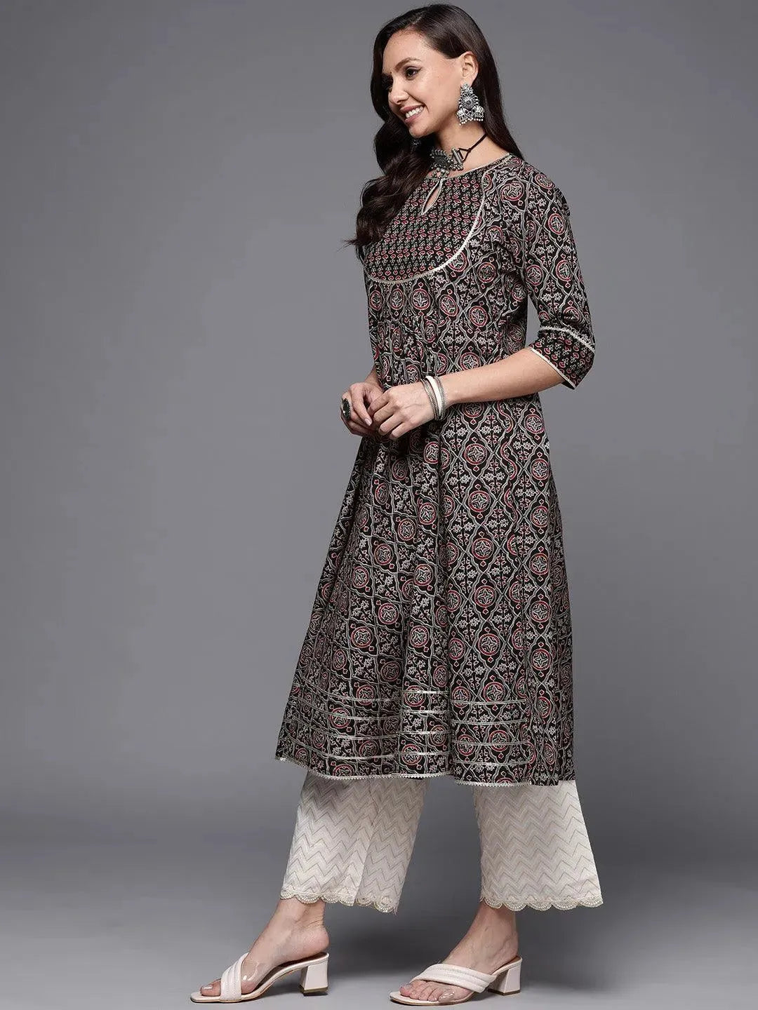 Black Printed Cotton Anarkali Kurta - Libas