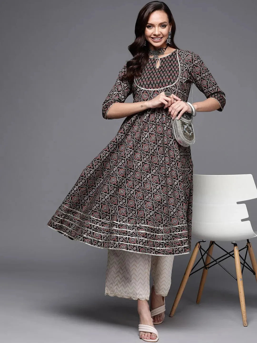 Black Printed Cotton Anarkali Kurta - Libas