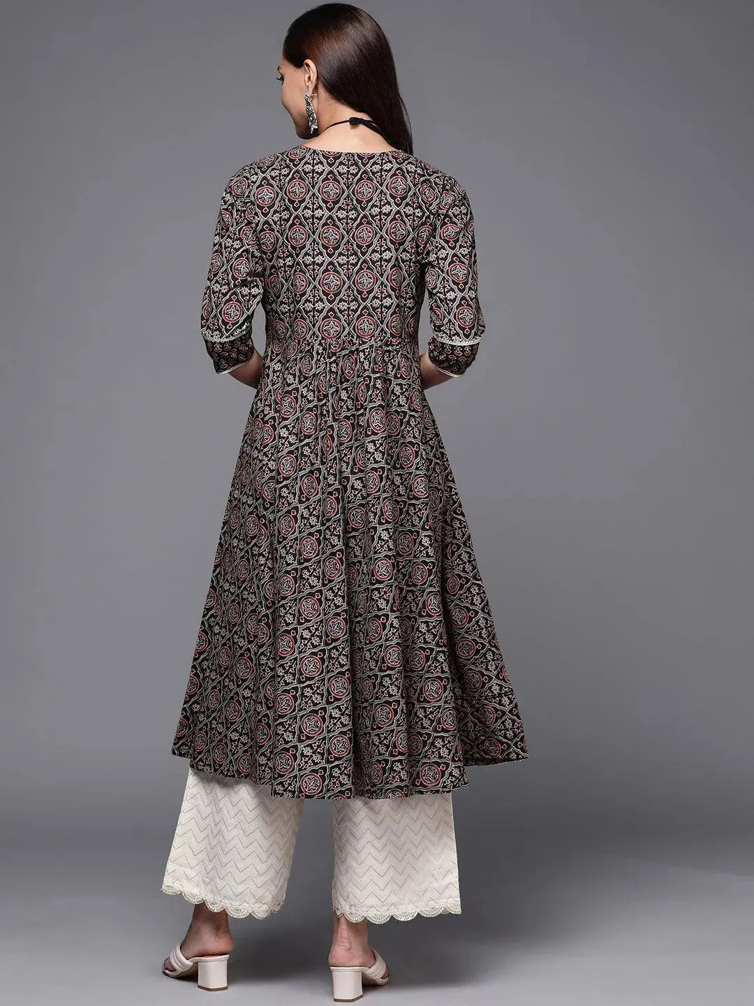 Black Printed Cotton Anarkali Kurta - Libas 