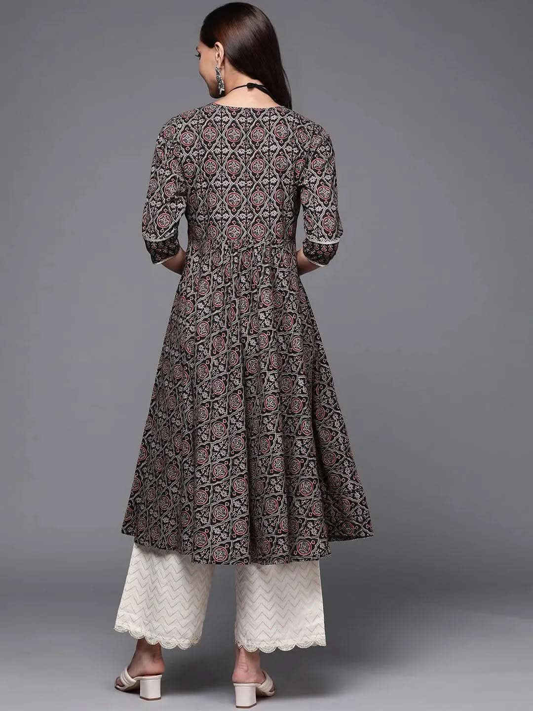 

Black Printed Cotton Anarkali Kurta