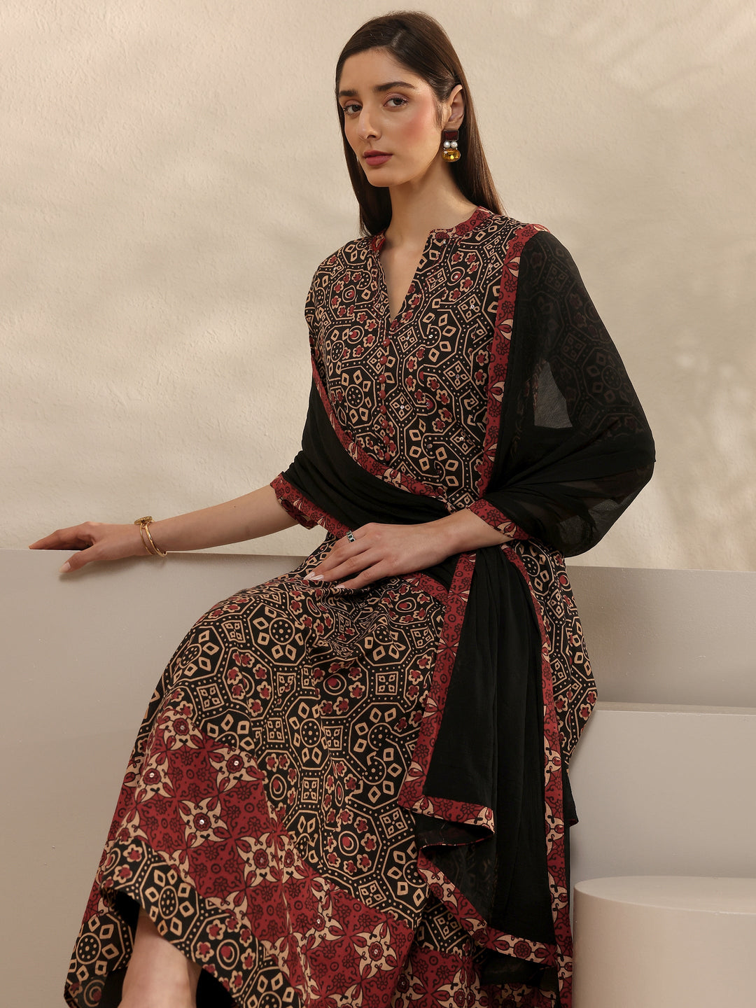 Black Printed Cotton Anarkali Suit Set With Dupatta