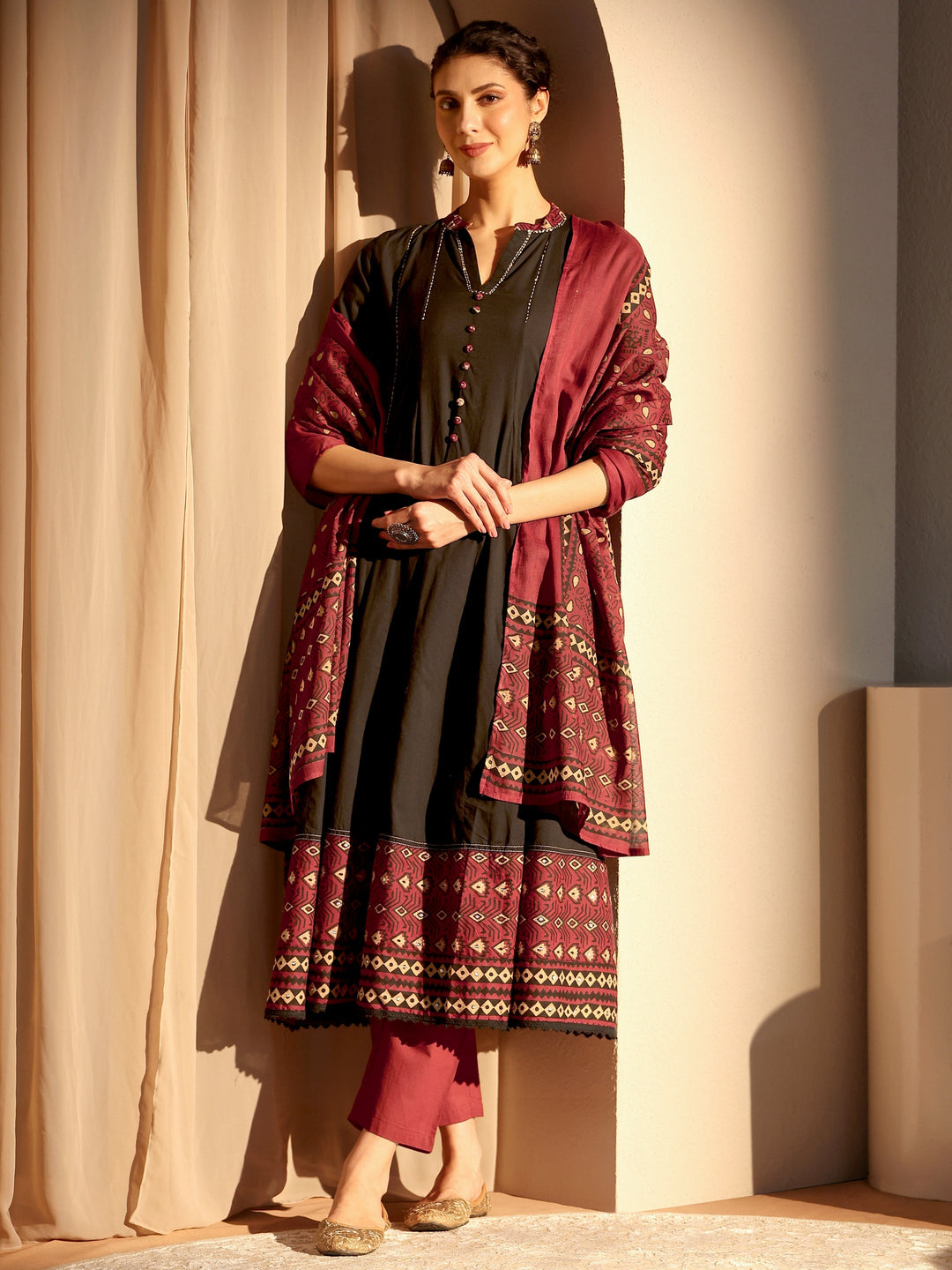 Black Printed Cotton Anarkali Suit Set With Dupatta