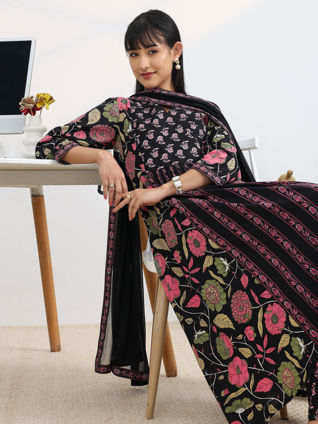  Black Printed Cotton Blend A-Line Suit Set With Dupatta 