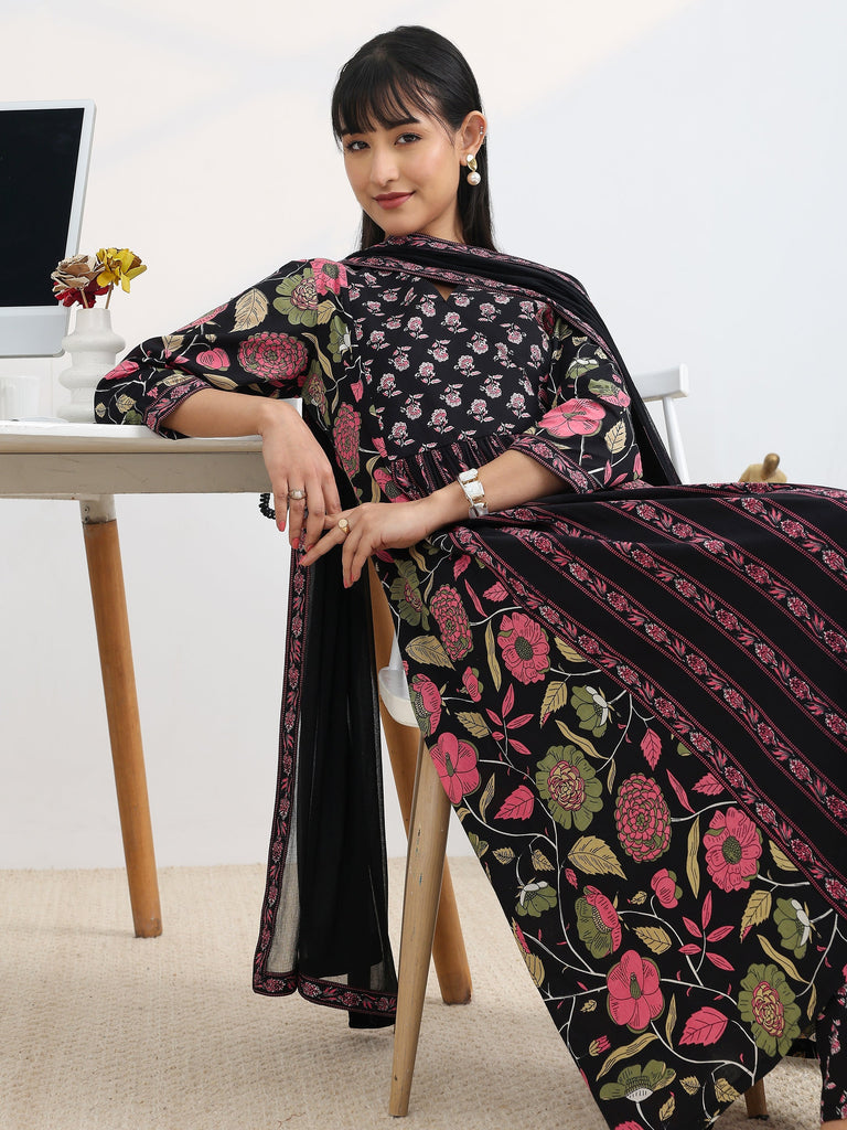 Gerua Black Printed Cotton Blend A-Line Suit Set With Dupatta