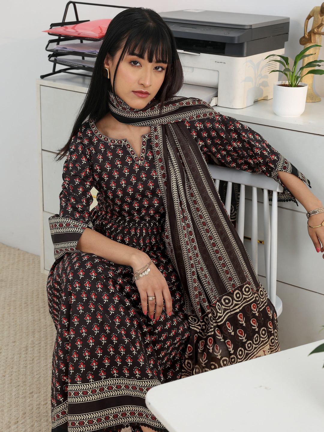  Black Printed Cotton Blend A-Line Suit Set With Dupatta 