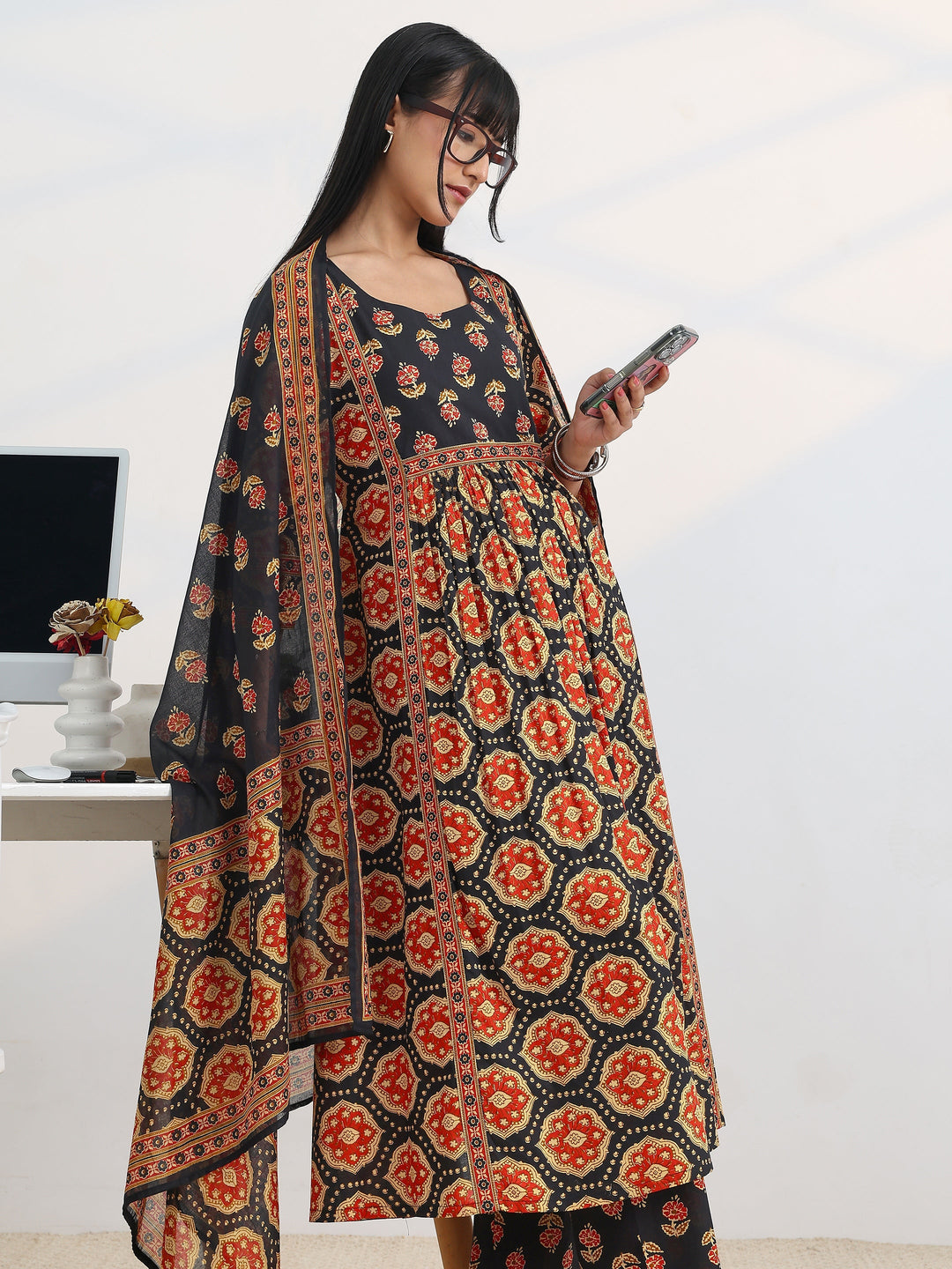  Black Printed Cotton Blend A-Line Suit Set With Dupatta 