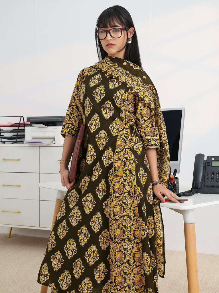 Gerua Black Printed Cotton Blend A-Line Suit Set With Dupatta