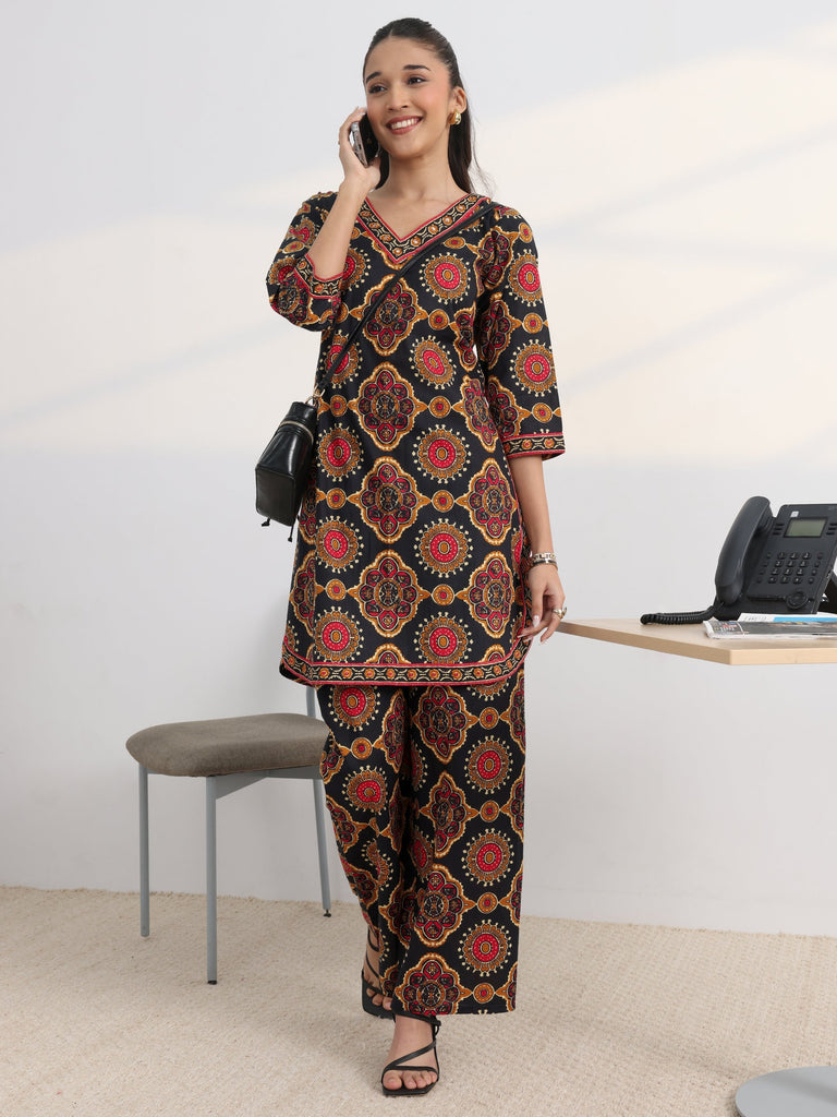 Gerua Black Printed Cotton Blend Straight Kurta Set