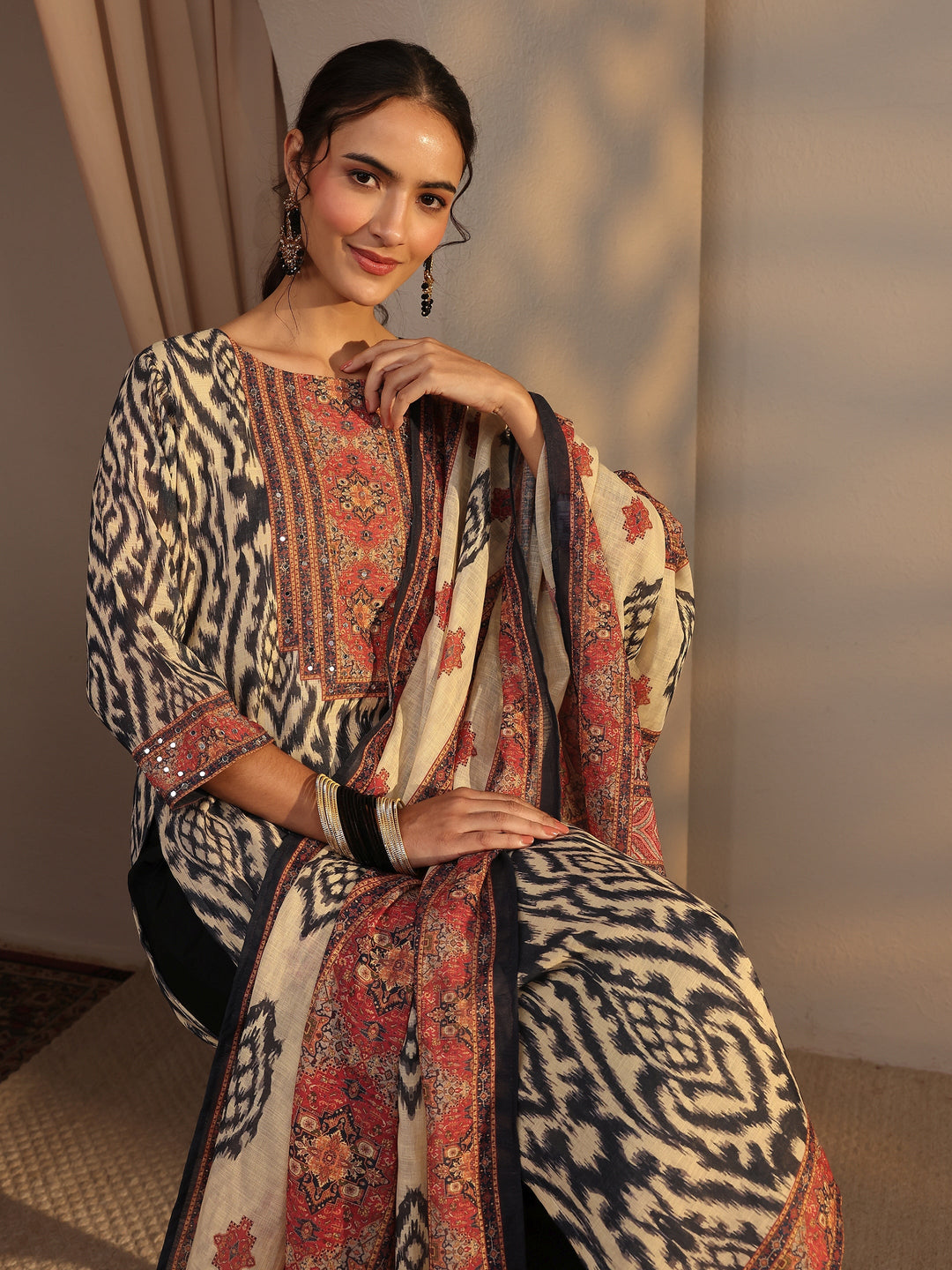  Black Printed Cotton Blend Straight Suit Set With Dupatta 