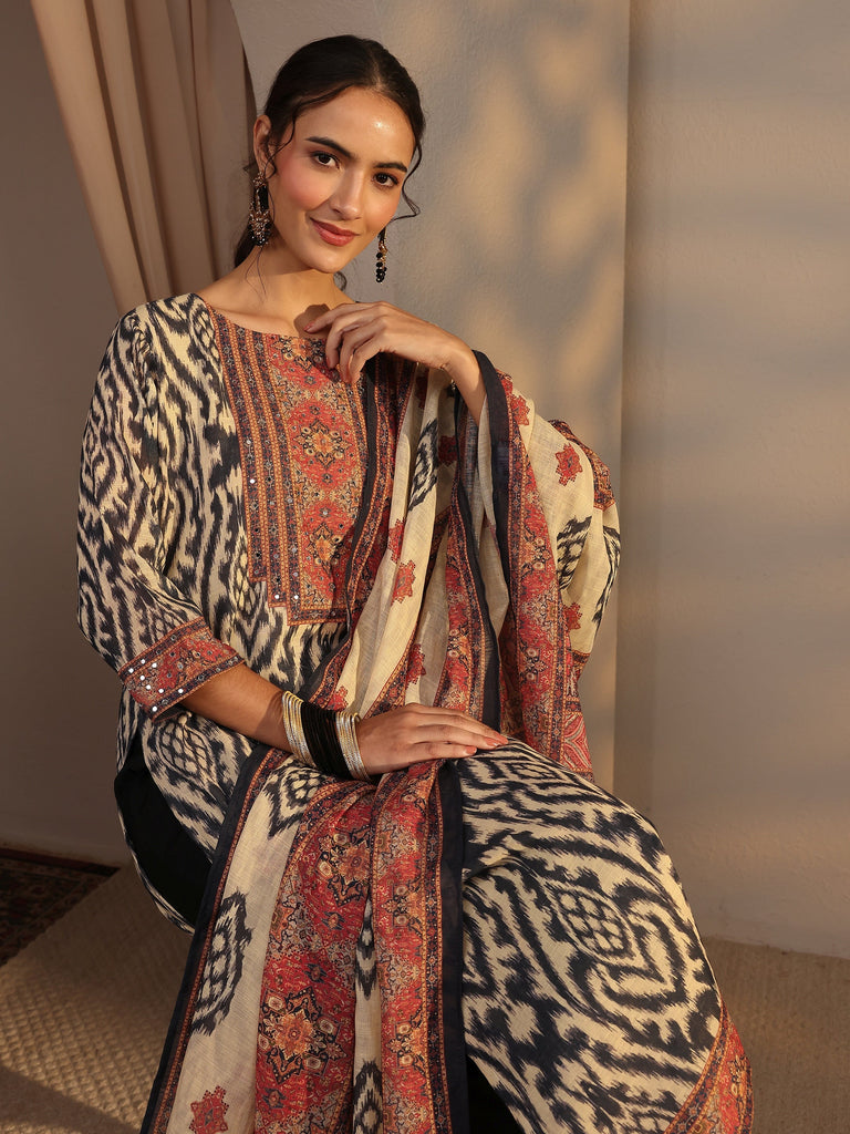 Libas Black Printed Cotton Blend Straight Suit Set With Dupatta