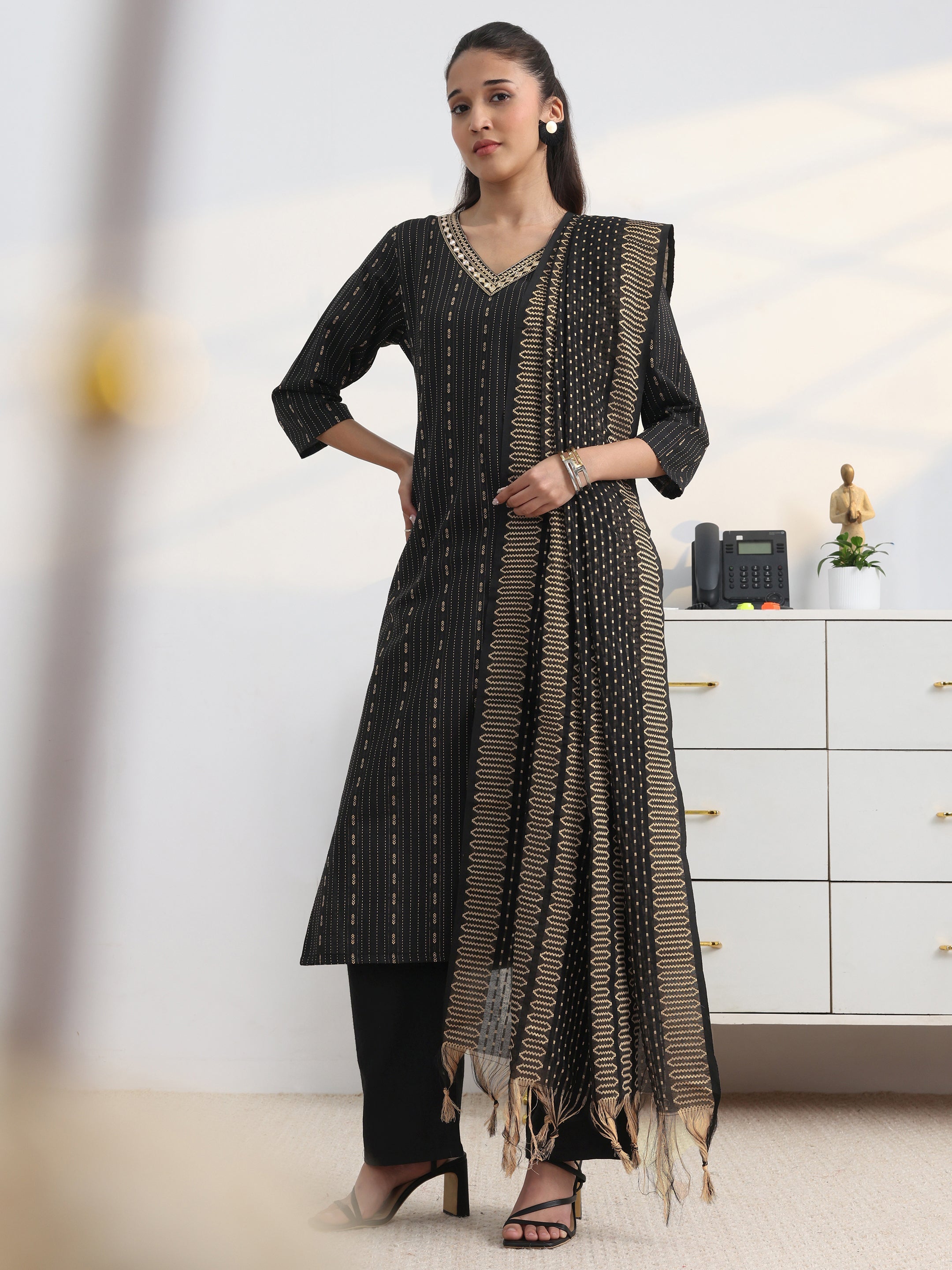 libas Black Printed Cotton Blend Straight Suit Set With Dupatta-picture-56