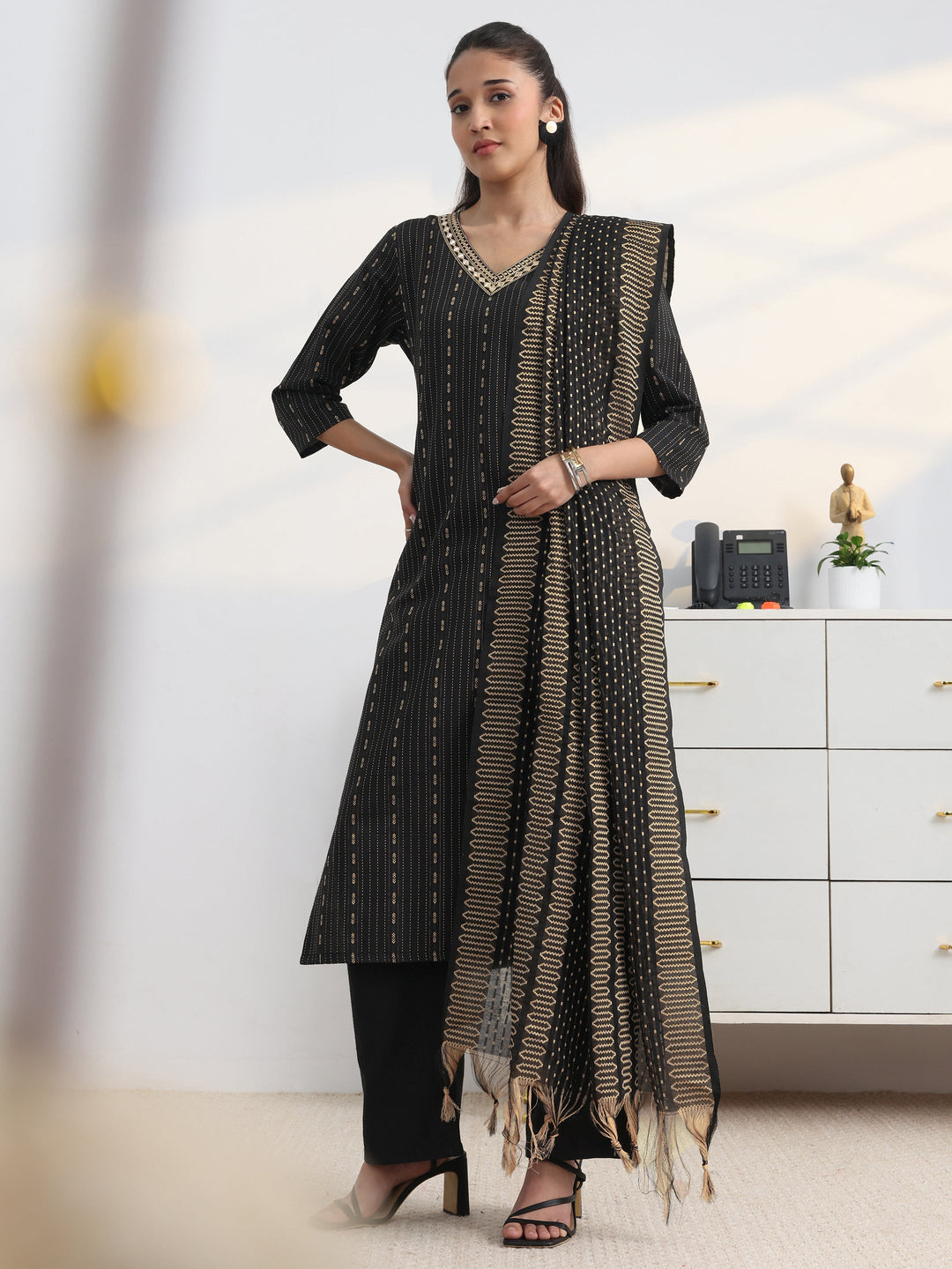 Black Printed Cotton Blend Straight Suit Set With Dupatta