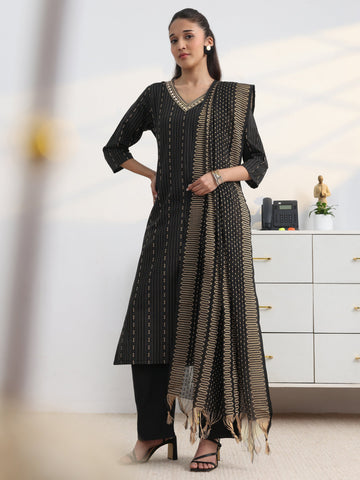 Black Printed Cotton Blend Straight Suit Set With Dupatta