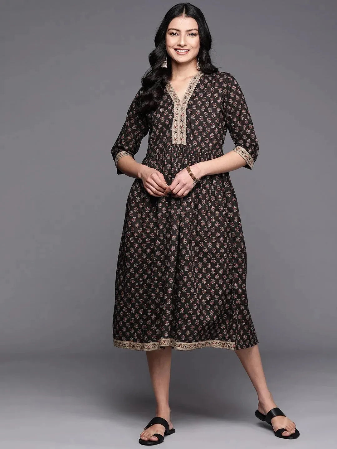 Black Printed Cotton Fit and Flare Dress - Libas 